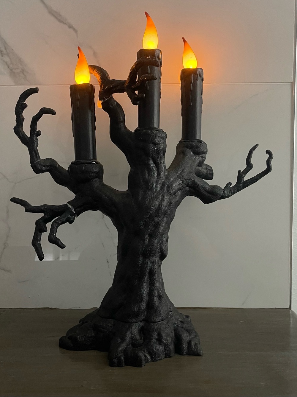 Spooky  Black Gnarled Tree Candelabra flickering 3 LED Candles Halloween  Decor